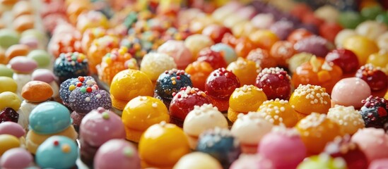 Poster - Colorful assortment of small cakes and sweets elegantly arranged on a platter at a festive catered event dessert table for celebrations