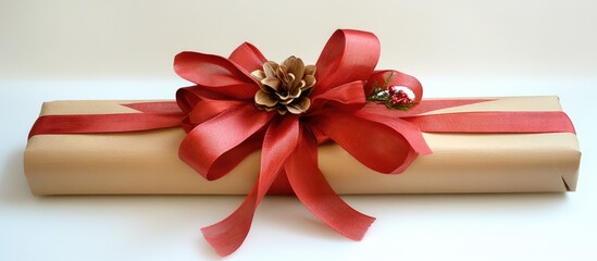 Poster - Elegant kraft paper gift wrapped in luxurious red ribbons and a decorative bow, perfect for festive celebrations and special occasions.