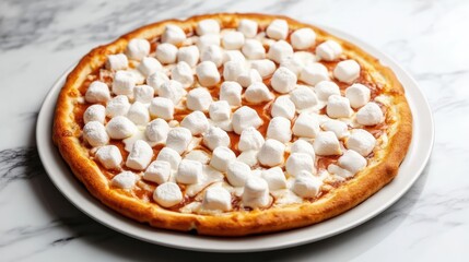 Aufkleber - Marshmallow topped dessert pizza on a white plate with a marble background showcasing a unique sweet treat for creative culinary ideas
