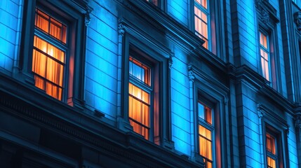 Poster - Illuminated Windows of Historic Building at Night in Urban Setting with Blue Lighting Effects