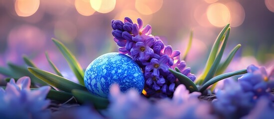 Aufkleber - Hyacinth flowers with blue Easter egg amidst soft bokeh creating a serene springtime atmosphere