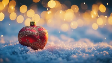 Poster - Decorative red heart Christmas ornament on snow with warm blurred bokeh background and shallow depth of field for holiday themed designs