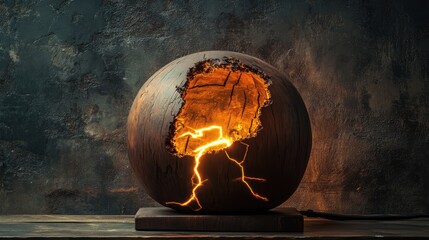 Poster - Illuminated wooden lamp with lightning design showcasing unique interior decor inspiration in a moody setting