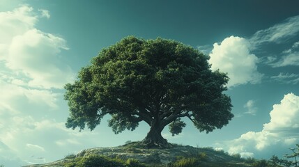 Poster - Majestic Single Tree on Hill Surrounded by Dramatic Sky and Clouds in a Serene Landscape Setting