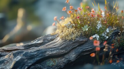 Poster - Macro image of driftwood adorned with vibrant flowers and moss in a natural setting, showcasing intricate details of nature's beauty.