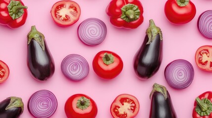 Aufkleber - Colorful arrangement of eggplant red onion red pepper and tomato on pink background top view creating a vibrant vegetable pattern