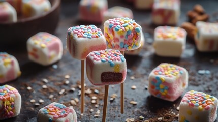 Poster - Marshmallow candies on wooden sticks with colorful sprinkles on a textured dark background for festive desserts and sweet treats.