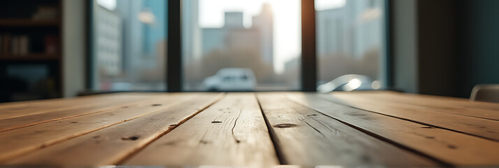 Aufkleber - A wooden table top with a selective focus captures both the intricate details and the blurred cityscape outside through a nearby window._00002_