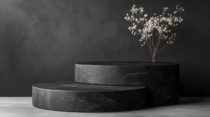 Aufkleber - Minimalist black stone pedestal display for skincare products with elegant flower arrangement luxury mockup for product showcase.