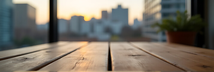 Aufkleber - A wooden table top with a selective focus captures both the intricate details and the blurred cityscape outside through a nearby window._00003_