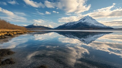 Poster - Serene mountain landscape reflecting on calm water under a dramatic sky with clouds and vivid colors in nature's tranquility.