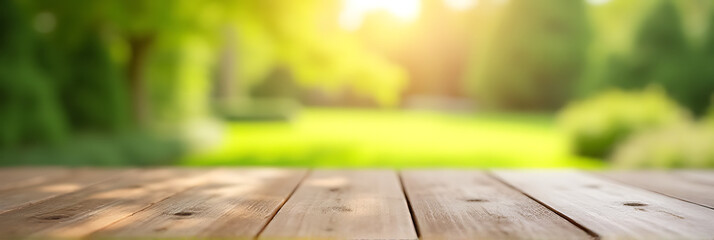 Aufkleber - A wooden table top with a blurred garden view is ideal for a morning product display or key visual composition._00002_