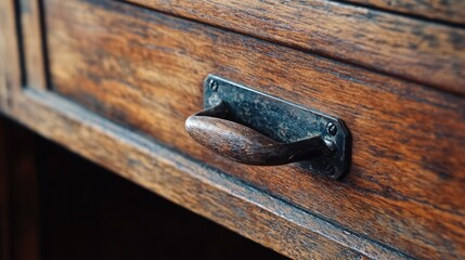 Poster - Vintage wooden drawer with antique handle showcasing classic craftsmanship and rustic charm in interior decor.