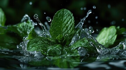 Poster - Fresh mint leaves creating dynamic water splash in dark background captured in high detail for culinary and beverage concepts