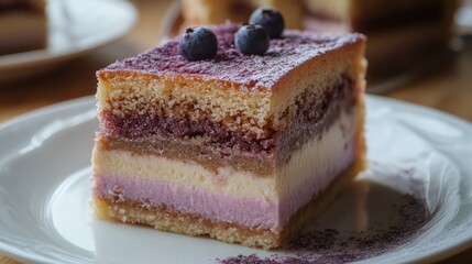Poster - Layered Taro Cake Slice with Vanilla and Cheese Topping Decorated with Blueberries on a White Plate