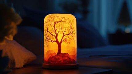Poster - Warm ambient lamp with tree silhouette creating a cozy atmosphere in a dimly lit room enhancing nighttime relaxation and comfort