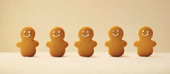 Poster - Smiling gingerbread men placed on a minimalist backdrop showcasing a festive and playful holiday theme