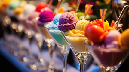 Poster - Elegant martini glasses with vibrant ice cream scoops artfully arranged on a table showcasing unique and colorful dessert options.