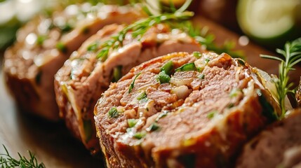 Poster - Savory meatloaf pate roll garnished with herbs displayed on a wooden serving board perfect for indoor event snacks