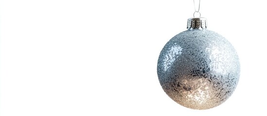 Poster - Silver glittering Christmas bauble hanging elegantly on a bright white background for festive holiday decoration concepts.