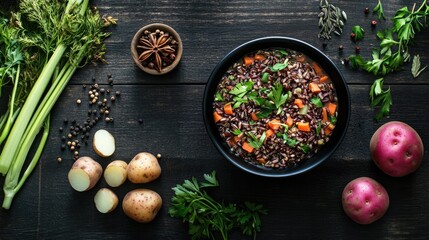 Poster - Wild Rice Soup with Vegetables and Herbs in Black Bowl Surrounded by Fresh Ingredients on Dark Wooden Table Vertical View