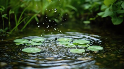 Poster - Nature in spring with green leaves and water droplets creating ripples in a serene pond environment.