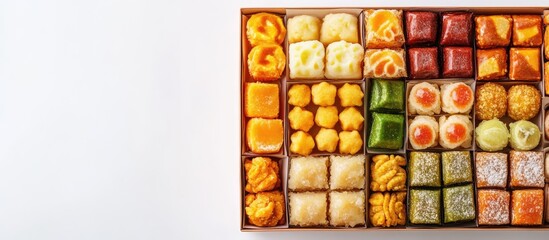 Poster - Colorful assortment of Indian sweets elegantly displayed in a box with ample white space for text or branding. Ideal for festive promotions.