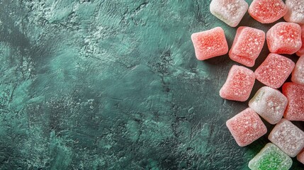 Poster - Colorful gummy marshmallows on textured green background perfect for winter snacks and party treats place for text for culinary designs