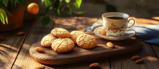 Poster - Almond cookies with coffee on a rustic wooden board surrounded by natural light and greenery in a cozy morning setting