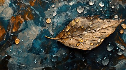 Poster - Dewy leaf on textured rock surface showcasing water droplets and intricate details of nature's beauty