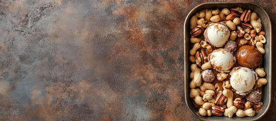 Poster - Gourmet ice cream with caramel fried peanuts and hazelnuts in metallic tray on rustic backdrop perfect for summer dessert ideas