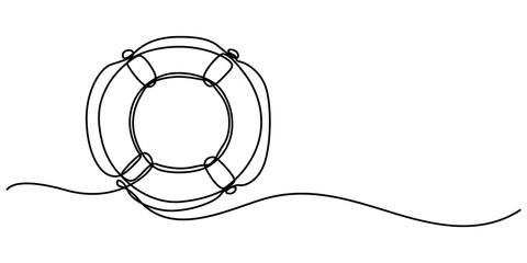Poster - Life Ring, Buoy Continuous Line Drawing with Editable Stroke and Color Elements, Single continuous line drawing lifebuoys, rescue belts, inflatable rubber ring with rope for help and safety of life. 