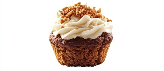 Poster - Chocolate cupcake with creamy frosting and crispy topping on a plain background perfect for dessert promotions and bakery advertising