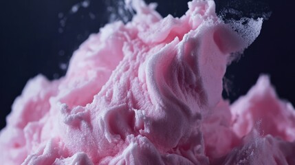 Poster - Pink fluffy marshmallow zephyr on dark backdrop close up highlighting soft texture and strawberry flavor detail