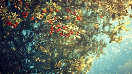 Aufkleber - Close-up of Ilex aquifolium with vibrant red berries reflecting in water Natural textures for design and poetic inspiration in nature