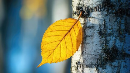 Aufkleber - Golden Leaf Glistening on Tree Bark in Autumn Forest Background Nature Close-Up