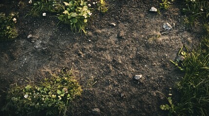 Aufkleber - Textured soil and grass background with pebbles and small plants creating a natural outdoor environment image for design and landscaping.