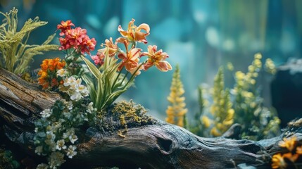 Aufkleber - Macro view of colorful flowers and lush plants growing on textured driftwood in a vibrant natural setting