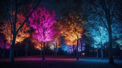 Poster - Colorful illuminated trees at night in a park creating a vibrant and enchanting atmosphere with stunning lighting effects.