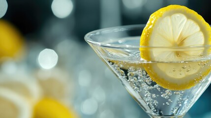 Poster - Refreshing martini cocktail with lemon slice elegantly presented in a macro shot showcasing bubbles and vibrant colors.