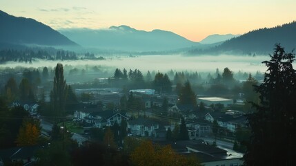 Poster - Foggy sunrise over Fraser Valley showcasing serene mountains, lush trees, and tranquil suburban landscape bathed in soft morning light