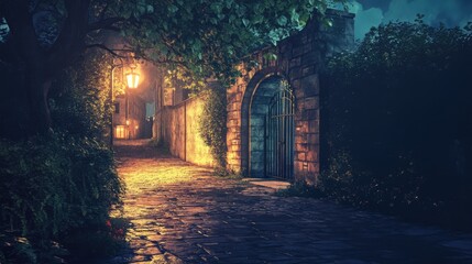 Aufkleber - Serene Evening Street with Illuminated Gate and Lush Greenery in Historic Setting