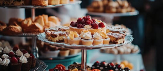 Poster - Display of assorted desserts including cakes pastries and fruits elegantly arranged on tiered stands for a festive catering event