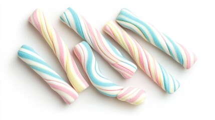 Poster - Colorful marshmallow candies arranged in a diagonal pattern against a white background, isolated from above for a visually appealing presentation