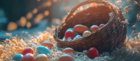 Poster - Easter basket filled with colorful plastic eggs surrounded by grains and dried flowers in soft sunlight creating a festive atmosphere
