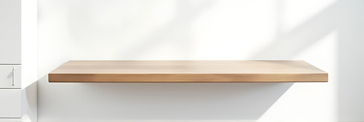 Aufkleber - A wooden table sits atop a white wall with a glass background in this minimalist furniture setting._00001_