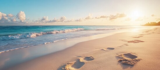 Poster - Footprints in the soft sand of a tranquil beach at sunset with gentle waves and a serene sky creating a peaceful coastal scene.