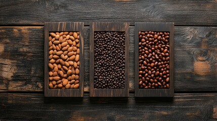 Poster - Arrangement of three types of nuts in wooden trays on rustic wooden background