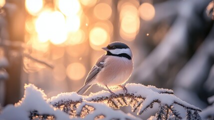 Poster - Marsh tit perched on frosty branch in snow-covered forest at twilight with golden sunlight glowing in background