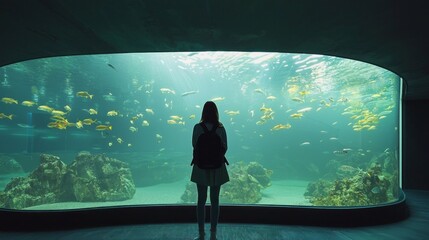 Aufkleber - In a mesmerizing futuristic aquarium, a visitor gazes in awe at schools of colorful fish swimming gracefully among rocks and vibrant aquatic plants
